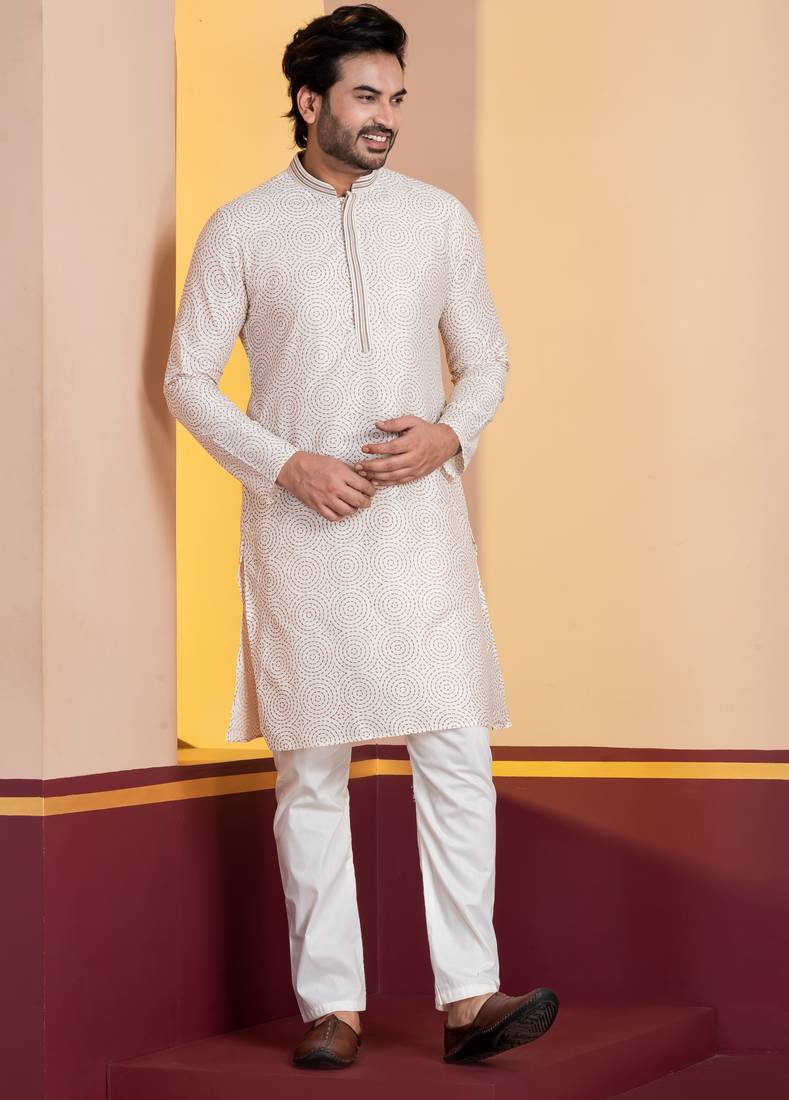 white  silk blend kurta for men with printed work