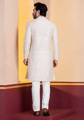 white  silk blend kurta for men with printed work 4