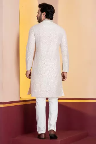 white  silk blend kurta for men with printed work