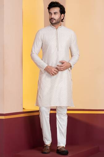 white silk blend kurta pyjama set for men with printed work