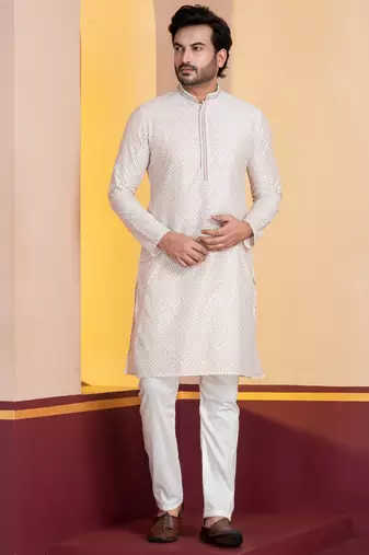 white silk blend kurta pyjama set for men with printed work