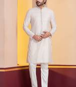 white silk blend kurta pyjama set for men with printed work