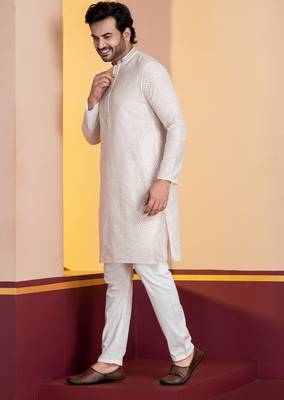white silk blend kurta pyjama set for men with printed work 2