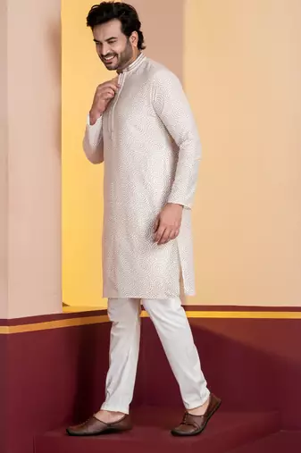 white silk blend kurta pyjama set for men with printed work