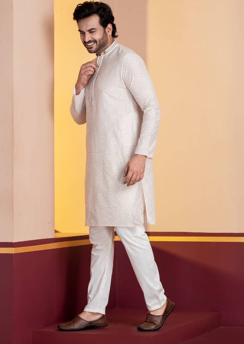 white silk blend kurta pyjama set for men with printed work