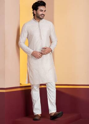 white silk blend kurta pyjama set for men with printed work 3