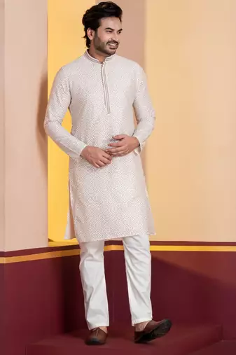 white silk blend kurta pyjama set for men with printed work