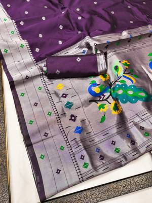 Wine art silk blend banarasi jacuard work pethani saree with unstitched blouse piece 6