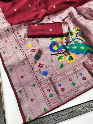 Red art silk blend banarasi jacuard work pethani saree with unstitched blouse piece 6