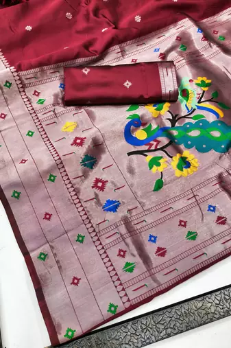 Red art silk blend banarasi jacuard work pethani saree with unstitched blouse piece