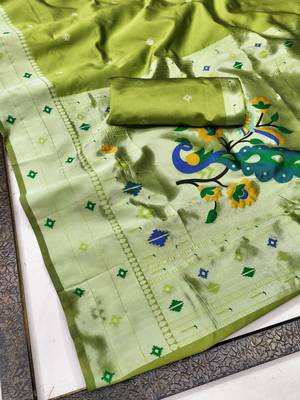 Parrot green art silk blend banarasi jacuard work pethani saree with unstitched blouse piece 6