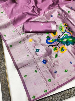 Light pink art silk blend banarasi jacuard work pethani saree with unstitched blouse piece 6