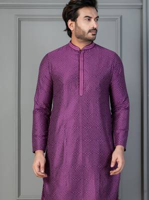 purple  silk blend kurta for men with printed work 1