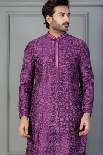 purple  silk blend kurta for men with printed work