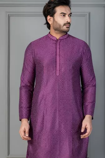 purple  silk blend kurta for men with printed work