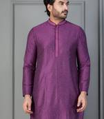 purple  silk blend kurta for men with printed work