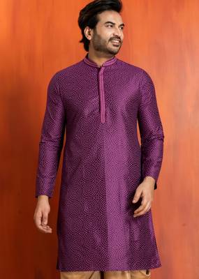 purple silk blend kurta for men with printed work 1