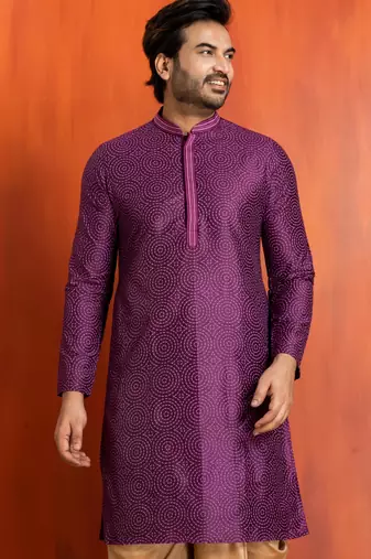 purple silk blend kurta for men with printed work