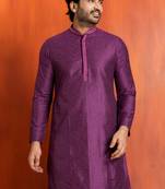 purple silk blend kurta for men with printed work