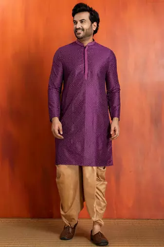 purple silk blend kurta for men with printed work