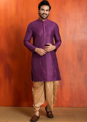 purple silk blend kurta dhoti set for men with printed work 1