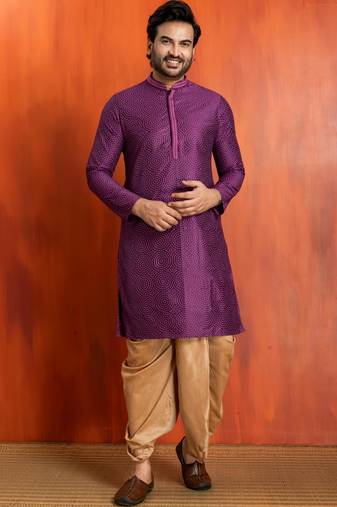 purple  silk blend kurta,dhoti set for men with printed  work