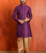 purple silk blend kurta dhoti set for men with printed work