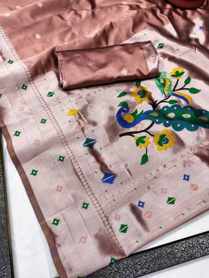 Beige art silk blend banarasi jacuard work pethani saree with unstitched blouse piece 6