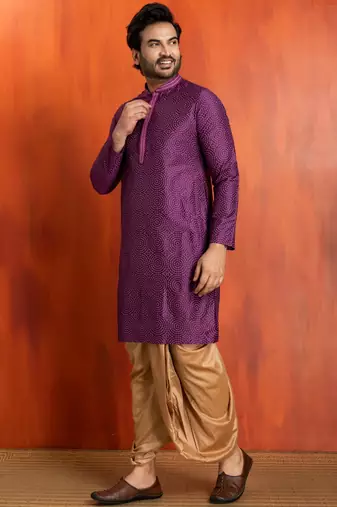 purple silk blend kurta dhoti set for men with printed work