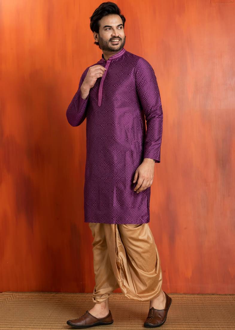 purple silk blend kurta dhoti set for men with printed work