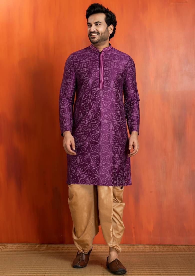 purple silk blend kurta dhoti set for men with printed work