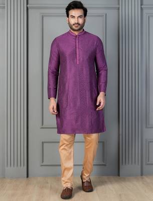 purple  silk blend kurta,pyjama set for men with printed work 1