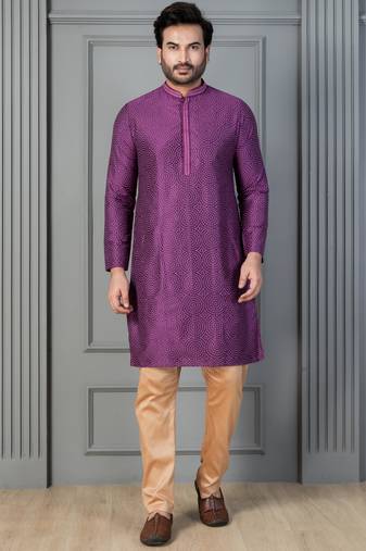purple  silk blend kurta,pyjama set for men with printed work