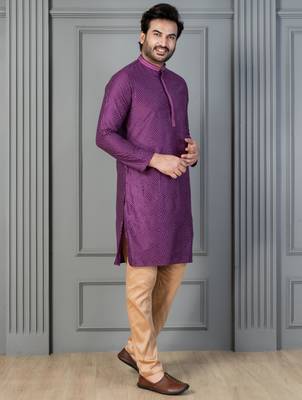 purple  silk blend kurta,pyjama set for men with printed work 2