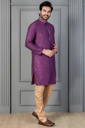 purple  silk blend kurta,pyjama set for men with printed work