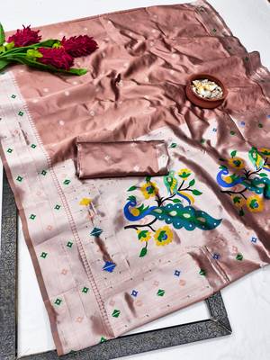 Beige art silk blend banarasi jacuard work pethani saree with unstitched blouse piece 7