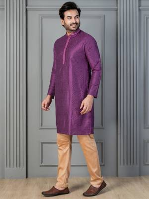 purple  silk blend kurta,pyjama set for men with printed work 3