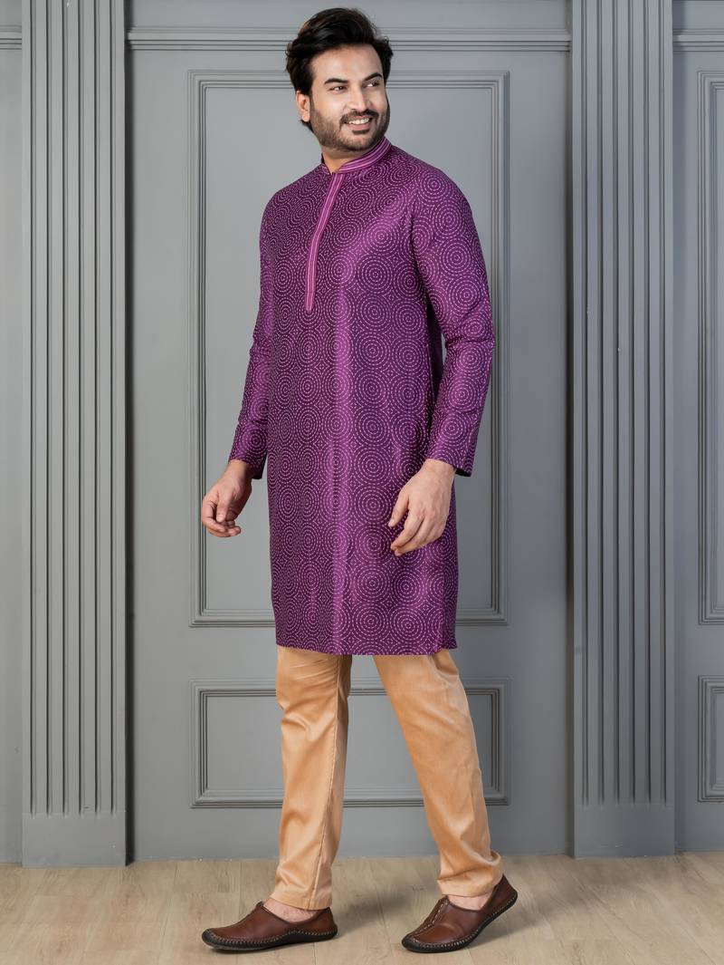 purple  silk blend kurta,pyjama set for men with printed work