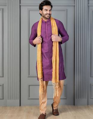 purple silk blend kurta payjama dupatta set for men with printed work 1