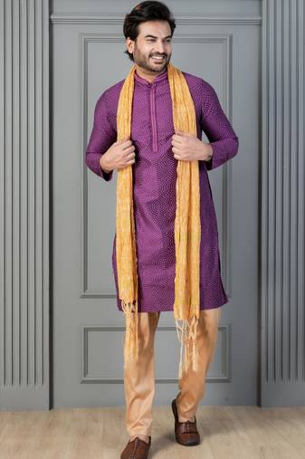 purple  silk blend kurta,payjama, dupatta set for men with printed work