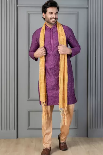purple silk blend kurta payjama dupatta set for men with printed work