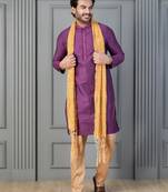 purple silk blend kurta payjama dupatta set for men with printed work