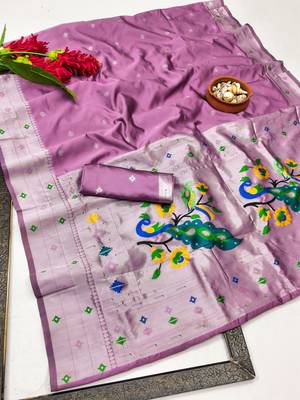 Light pink art silk blend banarasi jacuard work pethani saree with unstitched blouse piece 7