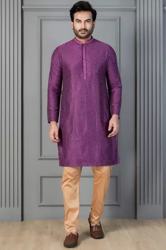 purple silk blend kurta payjama dupatta set for men with printed work