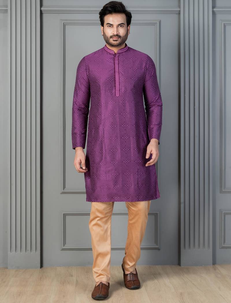 purple silk blend kurta payjama dupatta set for men with printed work