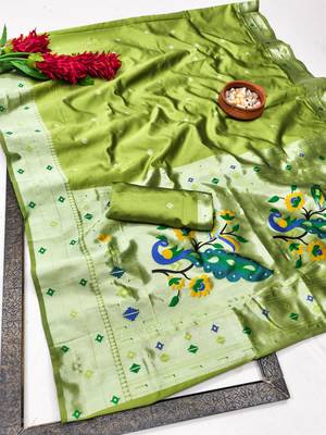 Parrot green art silk blend banarasi jacuard work pethani saree with unstitched blouse piece 7