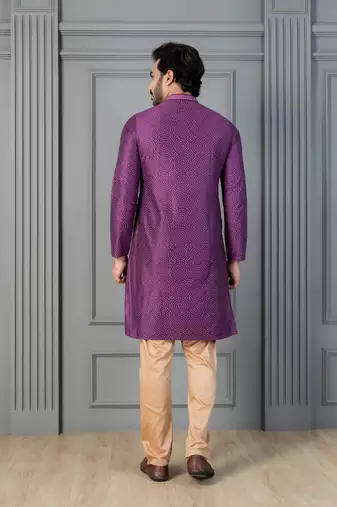 purple silk blend kurta payjama dupatta set for men with printed work
