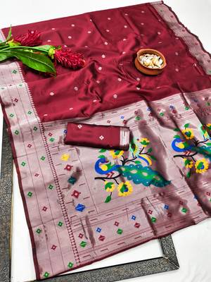 Red art silk blend banarasi jacuard work pethani saree with unstitched blouse piece 7