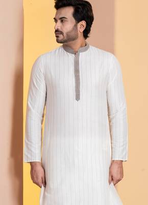 white  silk blend kurta for men with printed work 1
