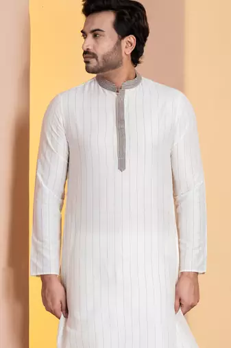 white  silk blend kurta for men with printed work
